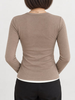 Slim-Fit Button-Down Long Sleeve Knit Top in Black with lightweight
