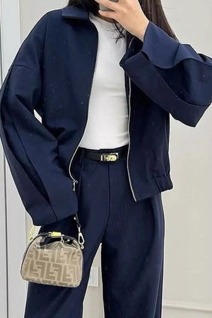 Zip-up Jacket And Wide-leg Pants Set in Navy with two-piece set