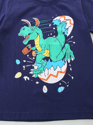 Navy cotton t-shirt with a green dinosaur hatching from an egg graphic and colorful Easter eggs.