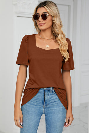 Caramel tee with square neckline and sculpted puff sleeves.