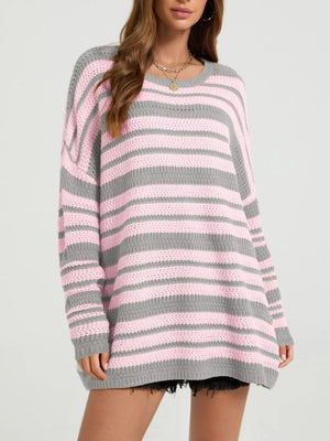 baby pink pullover sweater with striped and crew neck