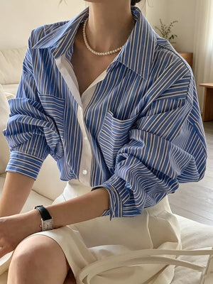 button-down shirt in white with striped and buttoned