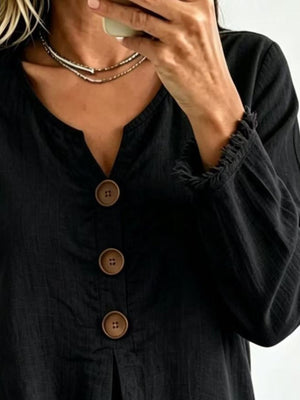 Navy blouse with hip-length and half-button