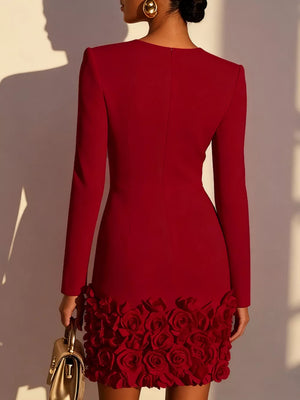 Burgundy with V-neck Mini Dress With Rose Embellishment