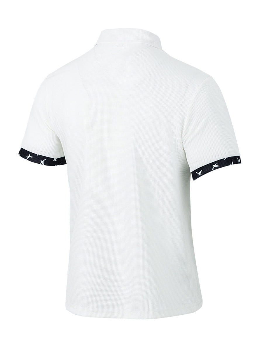 White waffle textured short sleeve polo with dark trim on sleeves