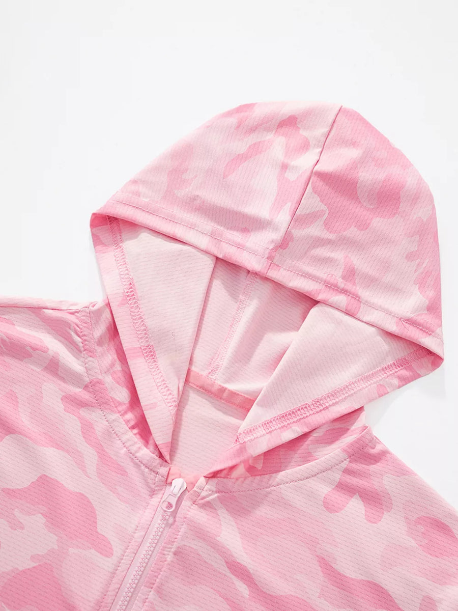 Blush pink camouflage hooded jacket for kids with zipper detail.
