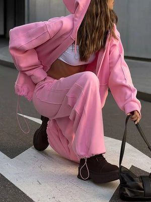 Oversized Zip-up Hoodie And Wide-leg Pants Set in Brown, view 21