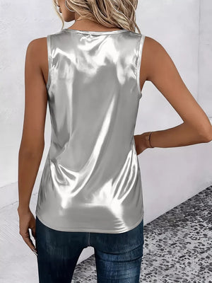 Elegant silver satin crisscross tank top with a round neckline.