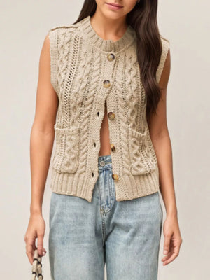 khaki sweater vest with cable knit and crew neck
