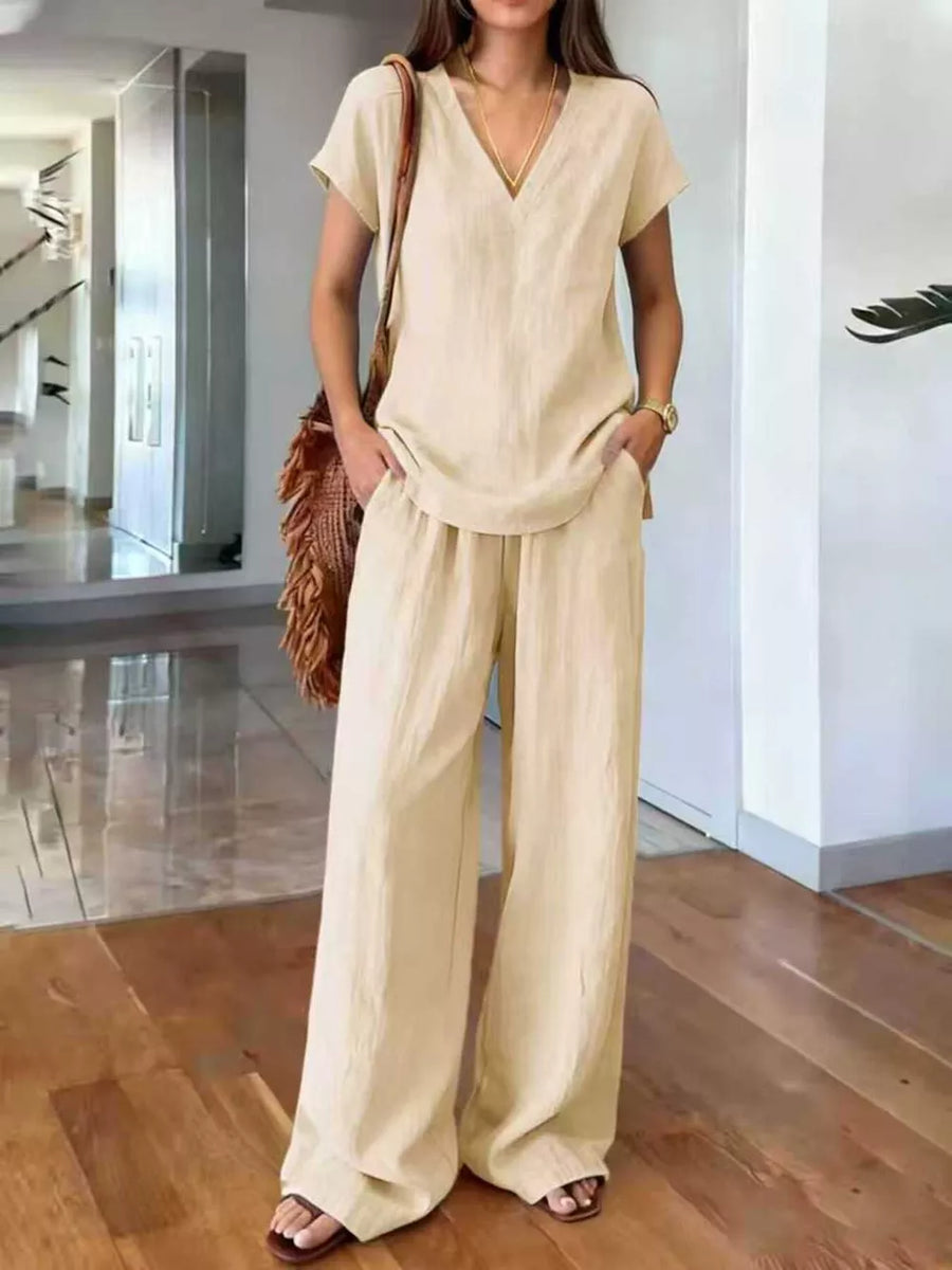 Blue Full Size V-neck Short Sleeve Top And Pants Set