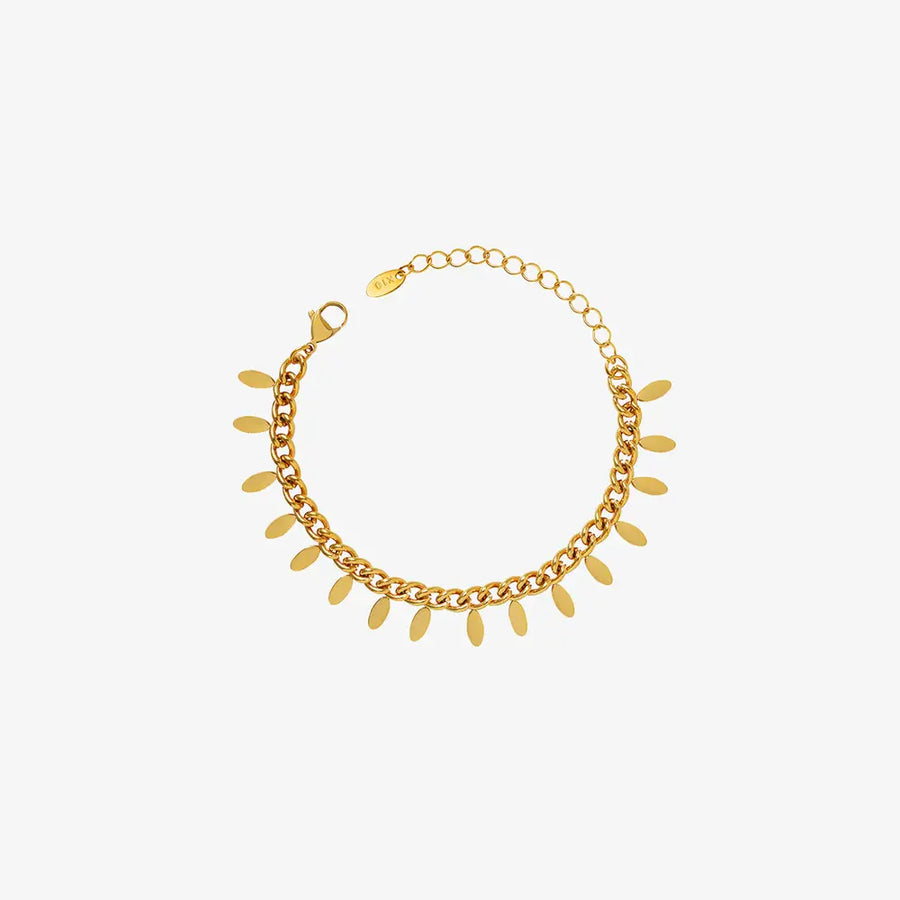 Gold oval link bracelet with dangling leaf charms, 18K gold-plated.