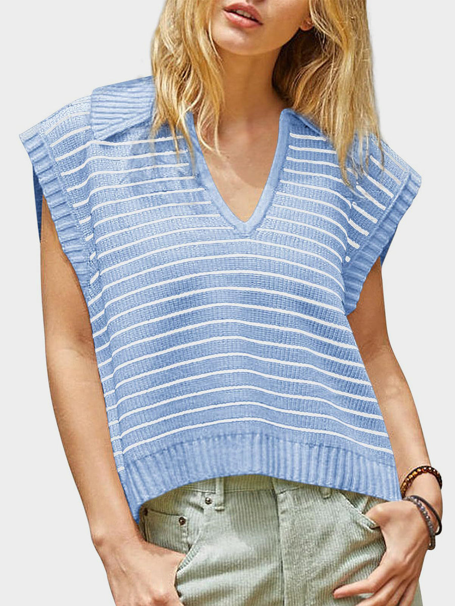 Light blue ribbed knit polo vest with white stripes and a v-neck.