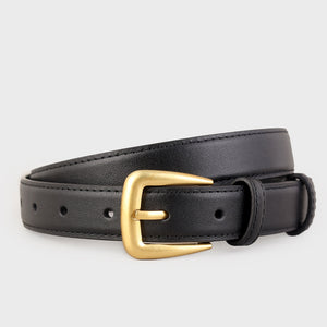 Skinny black leather belt with a brushed gold buckle and stitched detail.