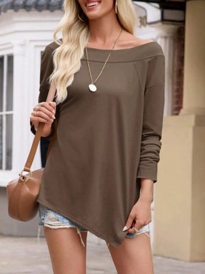 Elegant Off-Shoulder Long Sleeve T-Shirt in black with asymmetrical hem