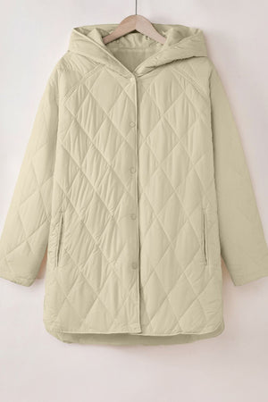 Beige diamond quilted hooded snap jacket with front pockets