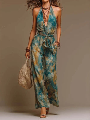 golden yellow jumpsuit featuring tied and tie-dye