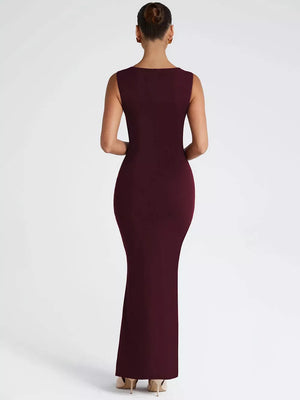 Wine red sleeveless bodycon maxi dress with square neckline.