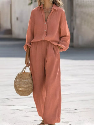 Orange Red Full Size Loose Fit Shirt And Wide Leg Pants Set