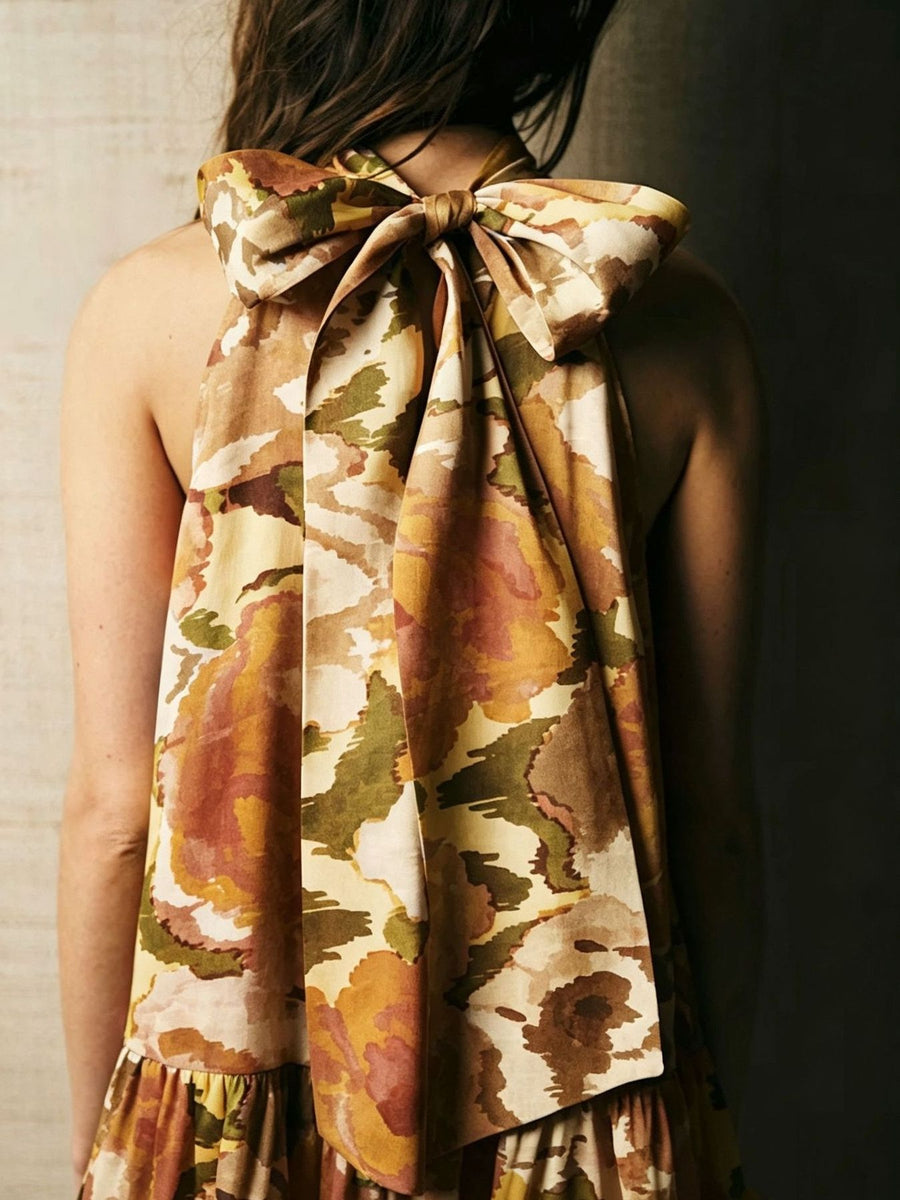 Camel mini dress with ruffled and sleeveless