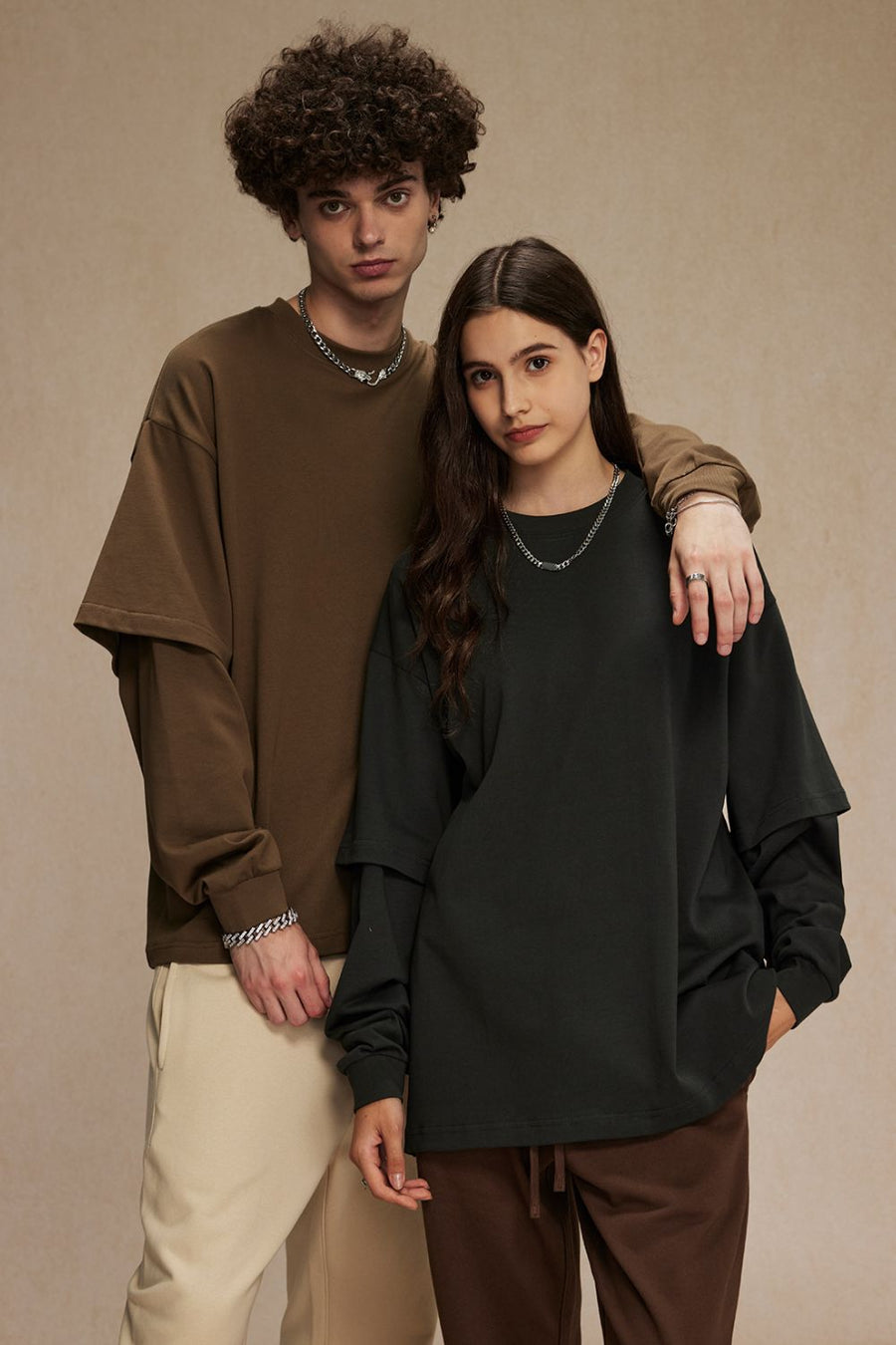 Brown and dark green layered long sleeve t-shirts
