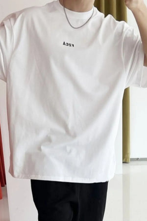 White oversized logo tee with drop shoulder and crew neck.