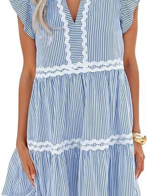 mini dress featuring striped in light blue with 100% polyester Care instructions: Machine wash cold texture