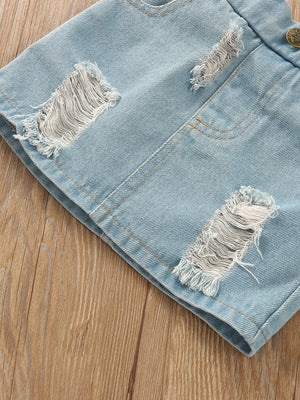 Light wash denim skirt with distressed rips and frayed hem.