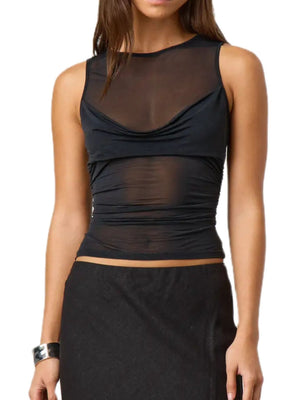 Black sheer ruched tank top with cowl neckline and sleeveless cut.