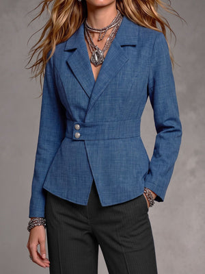 100% polyester Care instructions: Machine wash cold blazer in denim blue with slim silhouette