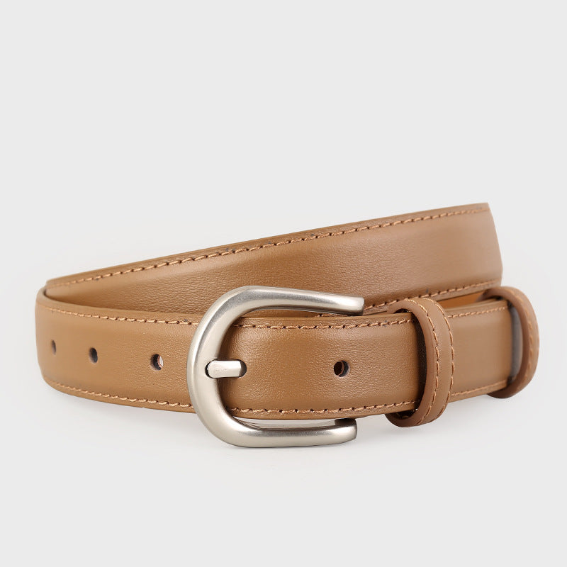 Brown cowhide leather belt with sleek silver buckle and stitched details.