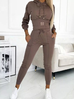 Full Size Drawstring Cropped Hoodie And Pants Set in Apricot
