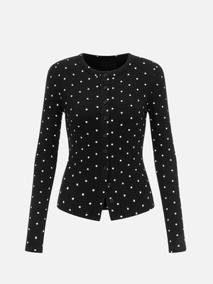 black cardigan with polka dot and round neck