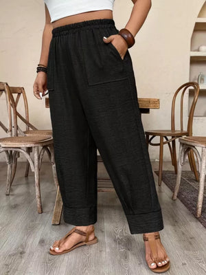 Plus Size High-waisted Elastic Waist Pants in White with pocketed