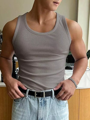 Men's grey ribbed tank top with a crew neck and body-hugging fit.