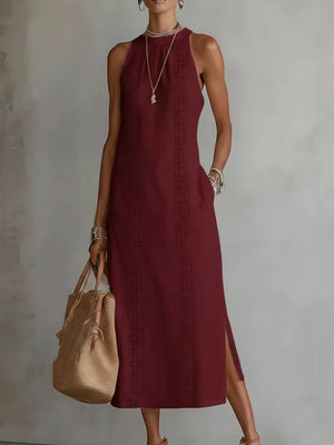Sleeveless Lace Trim Midi Dress Plus Size in Yellow