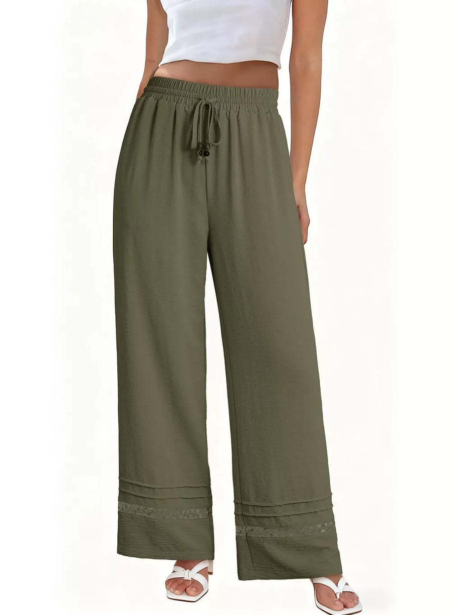 Matcha green wide-leg maternity pants with drawstring and lace trim detail