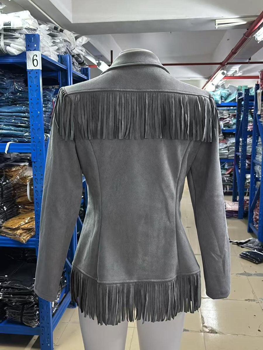 Western-Inspired Fringed Open Front Jacket in White with fringe