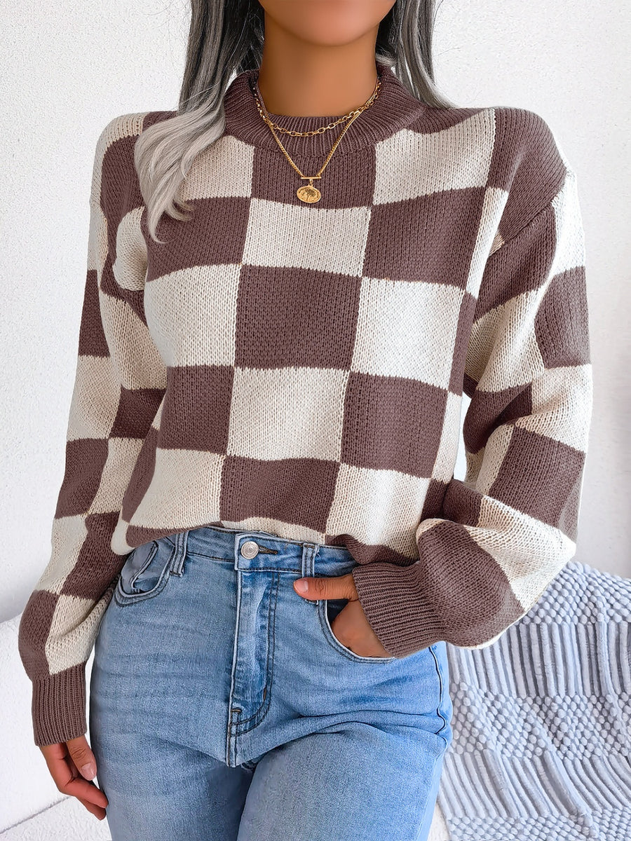Checkerboard knit mock neck pullover sweater in taupe and cream acrylic.