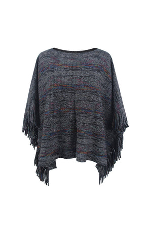 Charcoal knit poncho with multicolor stripes and fringe detail.
