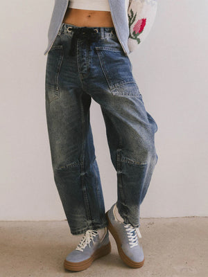 Drawstring Wide Leg Cropped Jeans in Grey