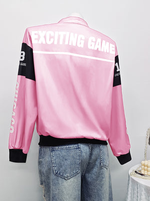 bomber jacket featuring letter print in black with 95% polyester, 5% elastane Care instructions: Machine wash cold texture