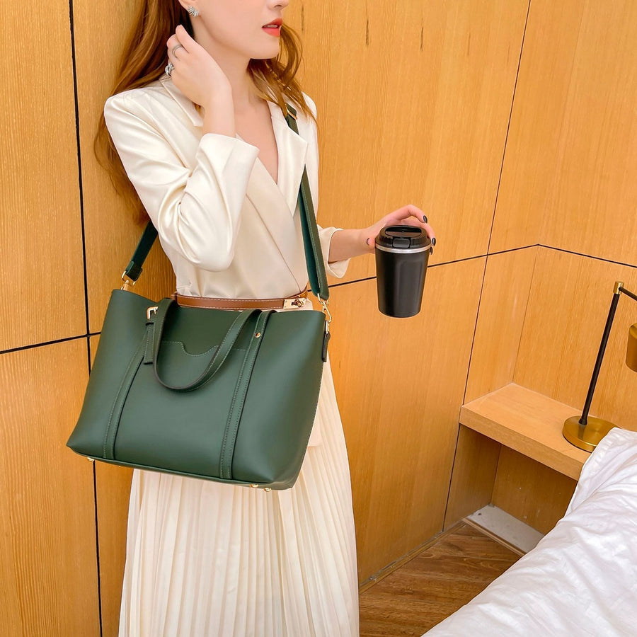 PU Leather Imported Size & tote in forest green with boxy silhouette