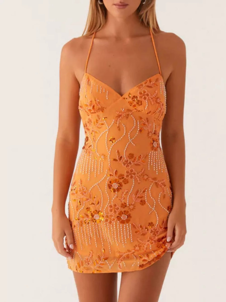 Tangerine embellished floral mini dress with halter neck and beaded fringe detail.