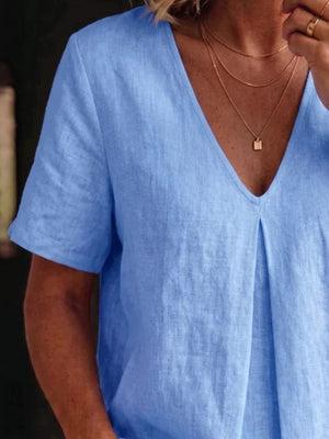 Blue linen short sleeve v-neck top with front pleats