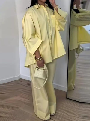 Yellow two-piece set with wide-leg and long sleeve