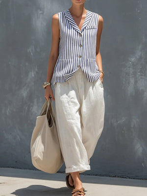 navy blue matching set with striped and collared