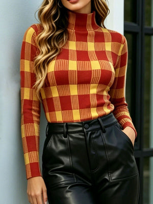 golden yellow mock neck sweater featuring ribbed and plaid
