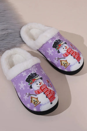 Purple faux fur lined slippers with snowman and snowflake print