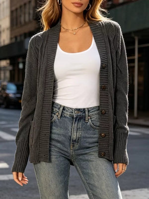 Gray with Cozy Cable Knit Button-up Cardigan
