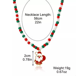 18k Gold-plated Christmas Beaded Necklace With Santa Charm in green with beaded